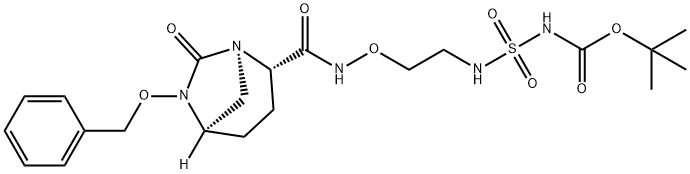 tert-butyl (N-(2-(((2S,5R)-6-(benzyloxy)-7-oxo-1,6-diazabicyclo[3.2.1]octane-2-carboxamido)oxy)ethyl)sulfamoyl)carbamate Struktur