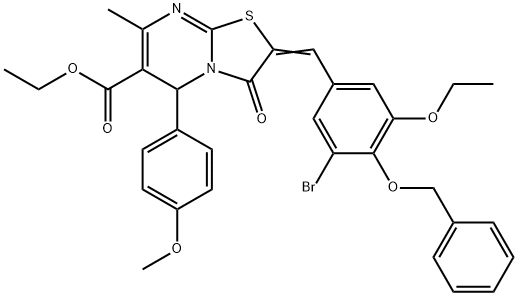 ethyl (2Z)-2-[4-(benzyloxy)-3-bromo-5-ethoxybenzylidene]-5-(4-methoxyphenyl)-7-methyl-3-oxo-2,3-dihydro-5H-[1,3]thiazolo[3,2-a]pyrimidine-6-carboxylate Struktur