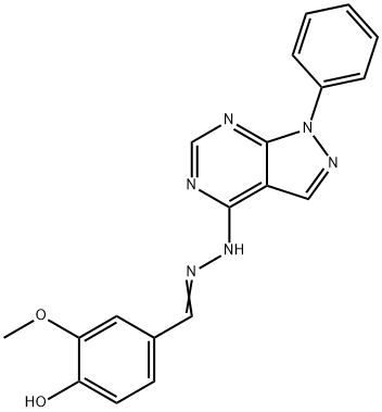 (E)-2-methoxy-4-((2-(1-phenyl-1H-pyrazolo[3,4-d]pyrimidin-4-yl)hydrazono)methyl)phenol Struktur