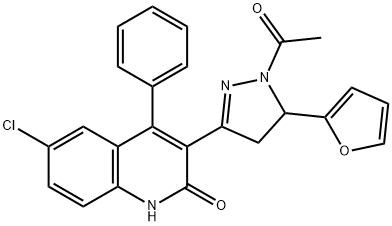 1-(3-(6-chloro-2-hydroxy-4-phenylquinolin-3-yl)-5-(furan-2-yl)-4,5-dihydro-1H-pyrazol-1-yl)ethanone Struktur