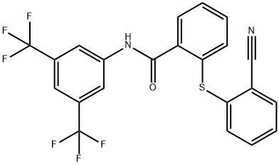 N-[3,5-bis(trifluoromethyl)phenyl]-2-[(2-cyanophenyl)sulfanyl]benzamide Struktur