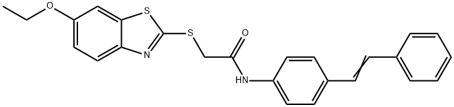 2-[(6-ethoxy-1,3-benzothiazol-2-yl)sulfanyl]-N-{4-[(E)-2-phenylethenyl]phenyl}acetamide Struktur