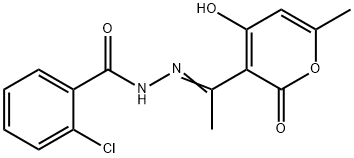 (E)-2-chloro-N'-(1-(4-hydroxy-6-methyl-2-oxo-2H-pyran-3-yl)ethylidene)benzohydrazide Struktur