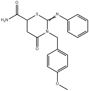 (Z)-3-(4-methoxybenzyl)-4-oxo-2-(phenylimino)-1,3-thiazinane-6-carboxamide Struktur