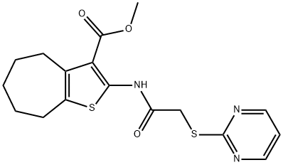 methyl 2-(2-(pyrimidin-2-ylthio)acetamido)-5,6,7,8-tetrahydro-4H-cyclohepta[b]thiophene-3-carboxylate Struktur