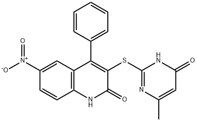 3-[(4-methyl-6-oxo-1,6-dihydropyrimidin-2-yl)sulfanyl]-6-nitro-4-phenylquinolin-2(1H)-one Struktur