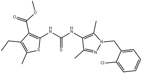 methyl 2-(3-(1-(2-chlorobenzyl)-3,5-dimethyl-1H-pyrazol-4-yl)thioureido)-4-ethyl-5-methylthiophene-3-carboxylate Struktur