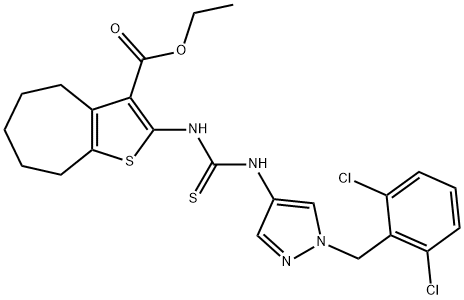 ethyl 2-(3-(1-(2,6-dichlorobenzyl)-1H-pyrazol-4-yl)thioureido)-5,6,7,8-tetrahydro-4H-cyclohepta[b]thiophene-3-carboxylate Struktur