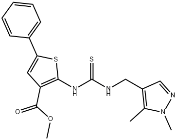 methyl 2-(3-((1,5-dimethyl-1H-pyrazol-4-yl)methyl)thioureido)-5-phenylthiophene-3-carboxylate Struktur