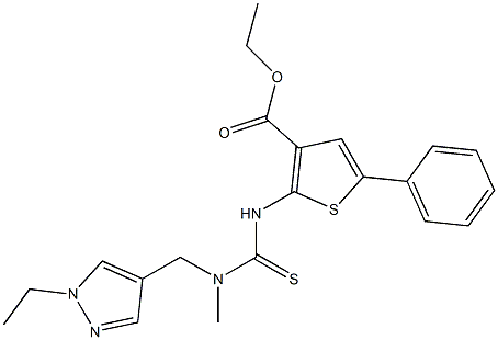 ethyl 2-(3-((1-ethyl-1H-pyrazol-4-yl)methyl)-3-methylthioureido)-5-phenylthiophene-3-carboxylate Struktur