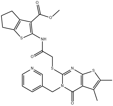 methyl 2-(2-((5,6-dimethyl-4-oxo-3-(pyridin-3-ylmethyl)-3,4-dihydrothieno[2,3-d]pyrimidin-2-yl)thio)acetamido)-5,6-dihydro-4H-cyclopenta[b]thiophene-3-carboxylate Struktur