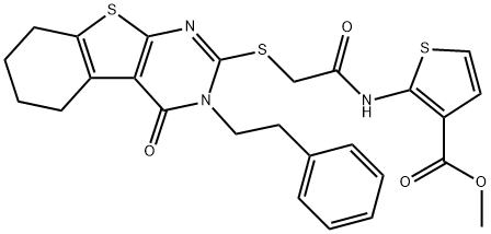 methyl 2-(2-((4-oxo-3-phenethyl-3,4,5,6,7,8-hexahydrobenzo[4,5]thieno[2,3-d]pyrimidin-2-yl)thio)acetamido)thiophene-3-carboxylate Struktur