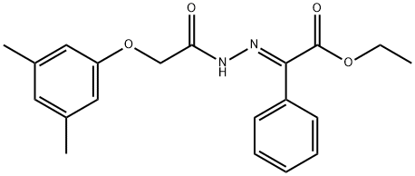 (E)-ethyl 2-(2-(2-(3,5-dimethylphenoxy)acetyl)hydrazono)-2-phenylacetate Struktur