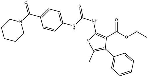 ethyl 5-methyl-4-phenyl-2-(3-(4-(piperidine-1-carbonyl)phenyl)thioureido)thiophene-3-carboxylate Structure