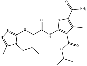 isopropyl 5-carbamoyl-4-methyl-2-(2-((5-methyl-4-propyl-4H-1,2,4-triazol-3-yl)thio)acetamido)thiophene-3-carboxylate Struktur