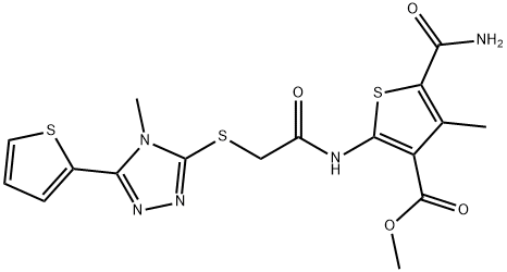 methyl 5-carbamoyl-4-methyl-2-(2-((4-methyl-5-(thiophen-2-yl)-4H-1,2,4-triazol-3-yl)thio)acetamido)thiophene-3-carboxylate Struktur