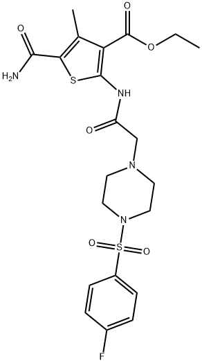 ethyl 5-carbamoyl-2-(2-(4-((4-fluorophenyl)sulfonyl)piperazin-1-yl)acetamido)-4-methylthiophene-3-carboxylate Struktur