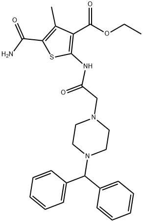 ethyl 2-(2-(4-benzhydrylpiperazin-1-yl)acetamido)-5-carbamoyl-4-methylthiophene-3-carboxylate Struktur