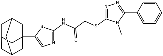 2-[(4-methyl-5-phenyl-4H-1,2,4-triazol-3-yl)sulfanyl]-N-[5-(tricyclo[3.3.1.1~3,7~]dec-1-yl)-1,3-thiazol-2-yl]acetamide Struktur