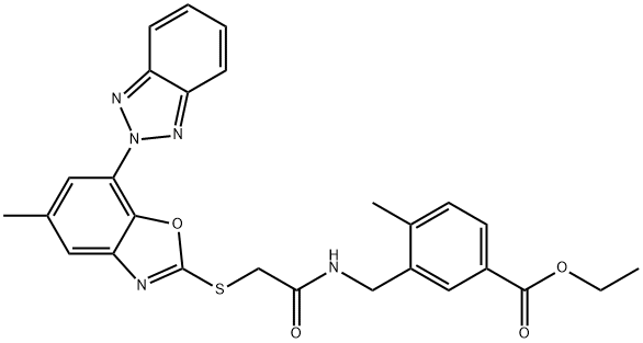 ethyl 3-((2-((7-(2H-benzo[d][1,2,3]triazol-2-yl)-5-methylbenzo[d]oxazol-2-yl)thio)acetamido)methyl)-4-methylbenzoate Struktur