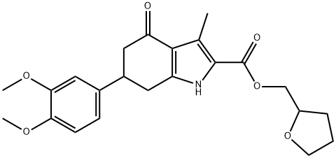 (tetrahydrofuran-2-yl)methyl 6-(3,4-dimethoxyphenyl)-3-methyl-4-oxo-4,5,6,7-tetrahydro-1H-indole-2-carboxylate Struktur