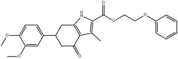 2-phenoxyethyl 6-(3,4-dimethoxyphenyl)-3-methyl-4-oxo-4,5,6,7-tetrahydro-1H-indole-2-carboxylate Struktur