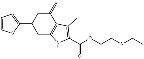 2-(ethylthio)ethyl 3-methyl-4-oxo-6-(thiophen-2-yl)-4,5,6,7-tetrahydro-1H-indole-2-carboxylate Struktur