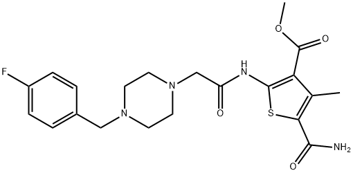 methyl 5-carbamoyl-2-(2-(4-(4-fluorobenzyl)piperazin-1-yl)acetamido)-4-methylthiophene-3-carboxylate Struktur