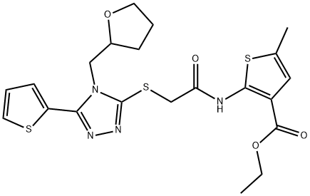 ethyl 5-methyl-2-(2-((4-((tetrahydrofuran-2-yl)methyl)-5-(thiophen-2-yl)-4H-1,2,4-triazol-3-yl)thio)acetamido)thiophene-3-carboxylate Struktur