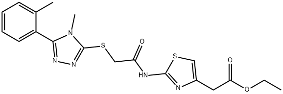 ethyl 2-(2-(2-((4-methyl-5-(o-tolyl)-4H-1,2,4-triazol-3-yl)thio)acetamido)thiazol-4-yl)acetate Struktur