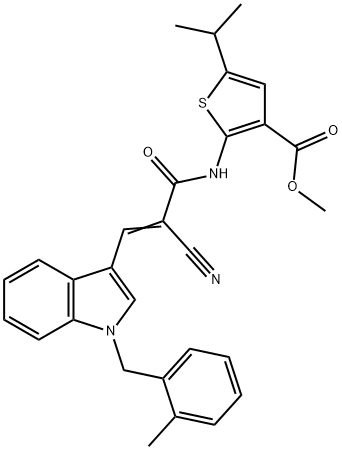 (E)-methyl 2-(2-cyano-3-(1-(2-methylbenzyl)-1H-indol-3-yl)acrylamido)-5-isopropylthiophene-3-carboxylate Struktur