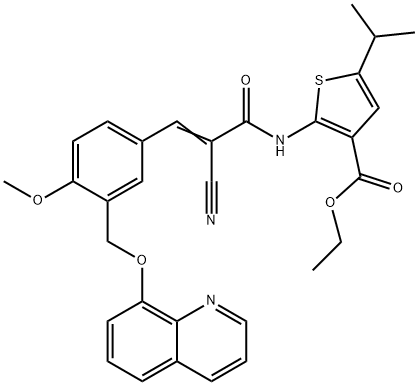 (E)-ethyl 2-(2-cyano-3-(4-methoxy-3-((quinolin-8-yloxy)methyl)phenyl)acrylamido)-5-isopropylthiophene-3-carboxylate Struktur