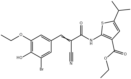 (E)-ethyl 2-(3-(3-bromo-5-ethoxy-4-hydroxyphenyl)-2-cyanoacrylamido)-5-isopropylthiophene-3-carboxylate Struktur