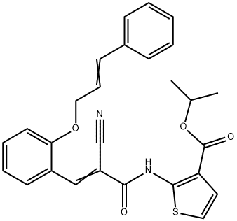 isopropyl 2-((E)-3-(2-(cinnamyloxy)phenyl)-2-cyanoacrylamido)thiophene-3-carboxylate Struktur