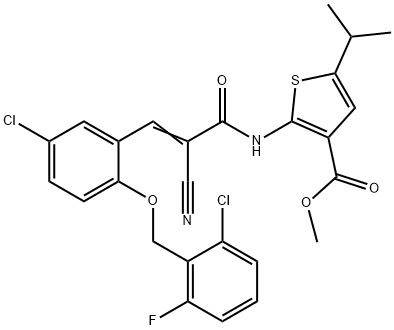 (E)-methyl 2-(3-(5-chloro-2-((2-chloro-6-fluorobenzyl)oxy)phenyl)-2-cyanoacrylamido)-5-isopropylthiophene-3-carboxylate Struktur