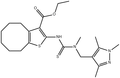 ethyl 2-(3-methyl-3-((1,3,5-trimethyl-1H-pyrazol-4-yl)methyl)thioureido)-4,5,6,7,8,9-hexahydrocycloocta[b]thiophene-3-carboxylate Struktur