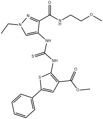 methyl 2-(3-(1-ethyl-3-((2-methoxyethyl)carbamoyl)-1H-pyrazol-4-yl)thioureido)-5-phenylthiophene-3-carboxylate Struktur