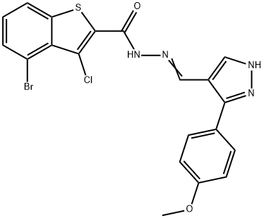 (E)-4-bromo-3-chloro-N'-((3-(4-methoxyphenyl)-1H-pyrazol-4-yl)methylene)benzo[b]thiophene-2-carbohydrazide Struktur