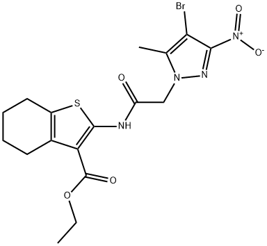 ethyl 2-(2-(4-bromo-5-methyl-3-nitro-1H-pyrazol-1-yl)acetamido)-4,5,6,7-tetrahydrobenzo[b]thiophene-3-carboxylate Struktur