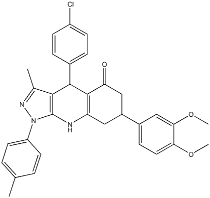 4-(4-chlorophenyl)-7-(3,4-dimethoxyphenyl)-3-methyl-1-(p-tolyl)-6,7,8,9-tetrahydro-1H-pyrazolo[3,4-b]quinolin-5(4H)-one Struktur