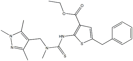 ethyl 5-benzyl-2-(3-methyl-3-((1,3,5-trimethyl-1H-pyrazol-4-yl)methyl)thioureido)thiophene-3-carboxylate Struktur