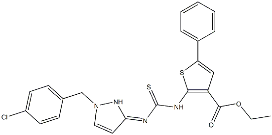 ethyl 2-(3-(1-(4-chlorobenzyl)-1H-pyrazol-3(2H)-ylidene)thioureido)-5-phenylthiophene-3-carboxylate Struktur