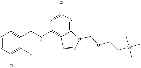 2-chloro-N-(3-chloro-2-fluorobenzyl)-7-((2-(trimethylsilyl)ethoxy)methyl)-7H-pyrrolo[2,3-d]pyrimidin-4-amine Struktur