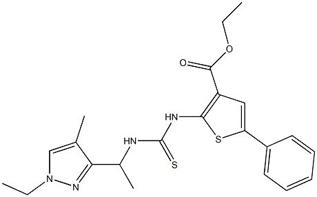 ethyl 2-(3-(1-(1-ethyl-4-methyl-1H-pyrazol-3-yl)ethyl)thioureido)-5-phenylthiophene-3-carboxylate Struktur