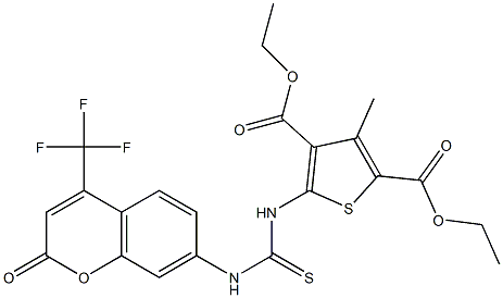 diethyl 3-methyl-5-(3-(2-oxo-4-(trifluoromethyl)-2H-chromen-7-yl)thioureido)thiophene-2,4-dicarboxylate Struktur