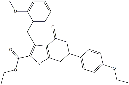 ethyl 6-(4-ethoxyphenyl)-3-(2-methoxybenzyl)-4-oxo-4,5,6,7-tetrahydro-1H-indole-2-carboxylate Struktur