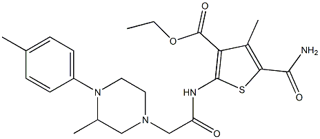 ethyl 5-carbamoyl-4-methyl-2-(2-(3-methyl-4-(p-tolyl)piperazin-1-yl)acetamido)thiophene-3-carboxylate Struktur