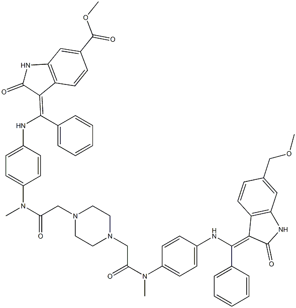 methyl (Z)-3-(((4-(2-(4-(2-((4-((((Z)-6-(methoxymethyl)-2-oxoindolin-3-ylidene)(phenyl)methyl)amino)phenyl)(methyl)amino)-2-oxoethyl)piperazin-1-yl)-N-methylacetamido)phenyl)amino)(phenyl)methylene)-2-oxoindoline-6-carboxylate Struktur