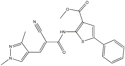 (E)-methyl 2-(2-cyano-3-(1,3-dimethyl-1H-pyrazol-4-yl)acrylamido)-5-phenylthiophene-3-carboxylate Struktur