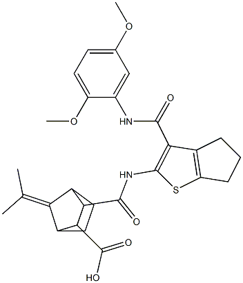 3-((3-((2,5-dimethoxyphenyl)carbamoyl)-5,6-dihydro-4H-cyclopenta[b]thiophen-2-yl)carbamoyl)-7-(propan-2-ylidene)bicyclo[2.2.1]heptane-2-carboxylic acid Struktur